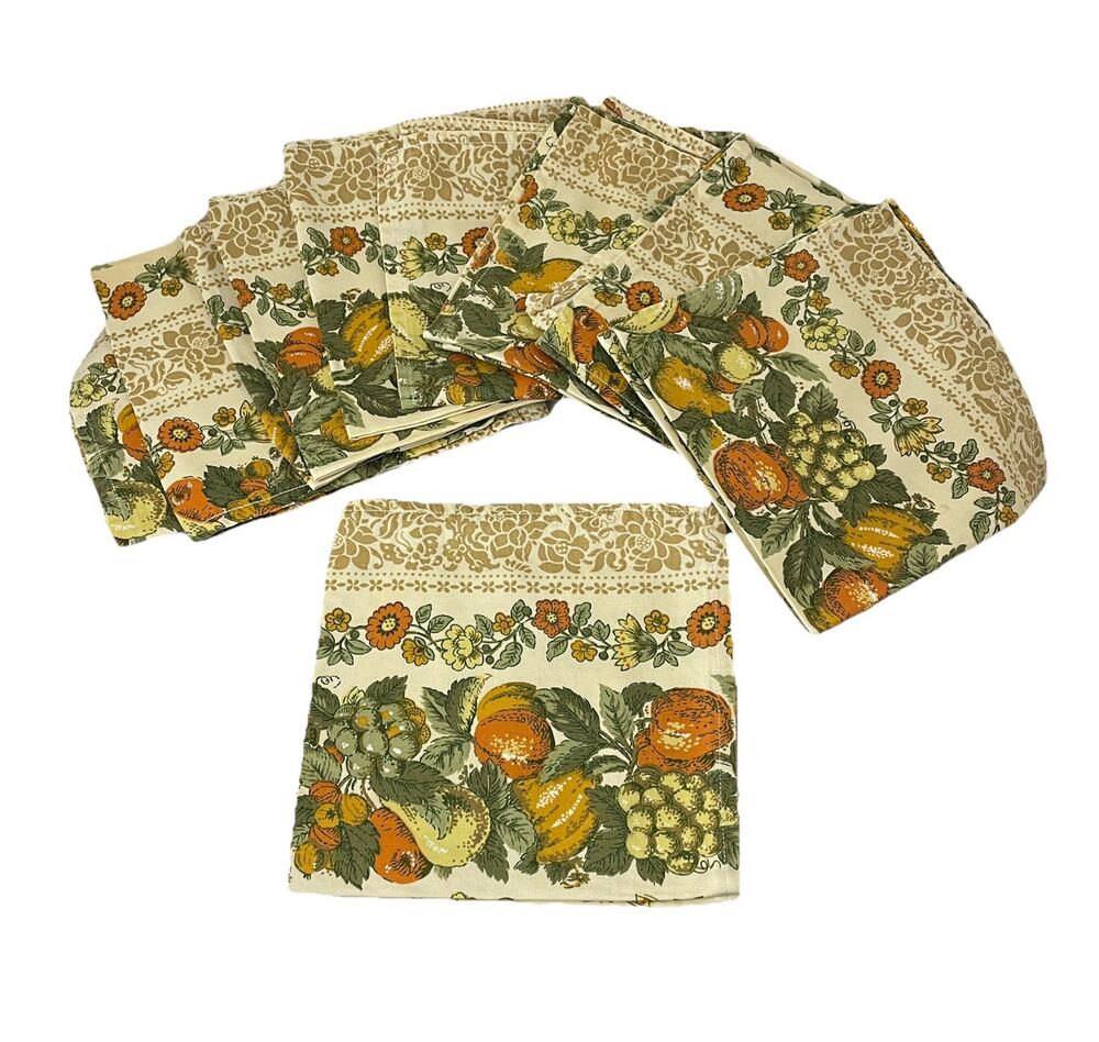 VTG Autumn Harvest Fall Fruit Set 10 Napkins Cotton 12 3/4 X 11.5” Entertaining